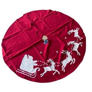 C & F Embroidered Reindeer Snowflake Lined Red White Christmas Tree Skirt NWT
